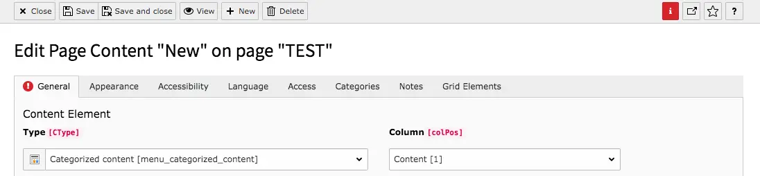 TYPO3 Content Element Menu Categorized Content Backend Warning