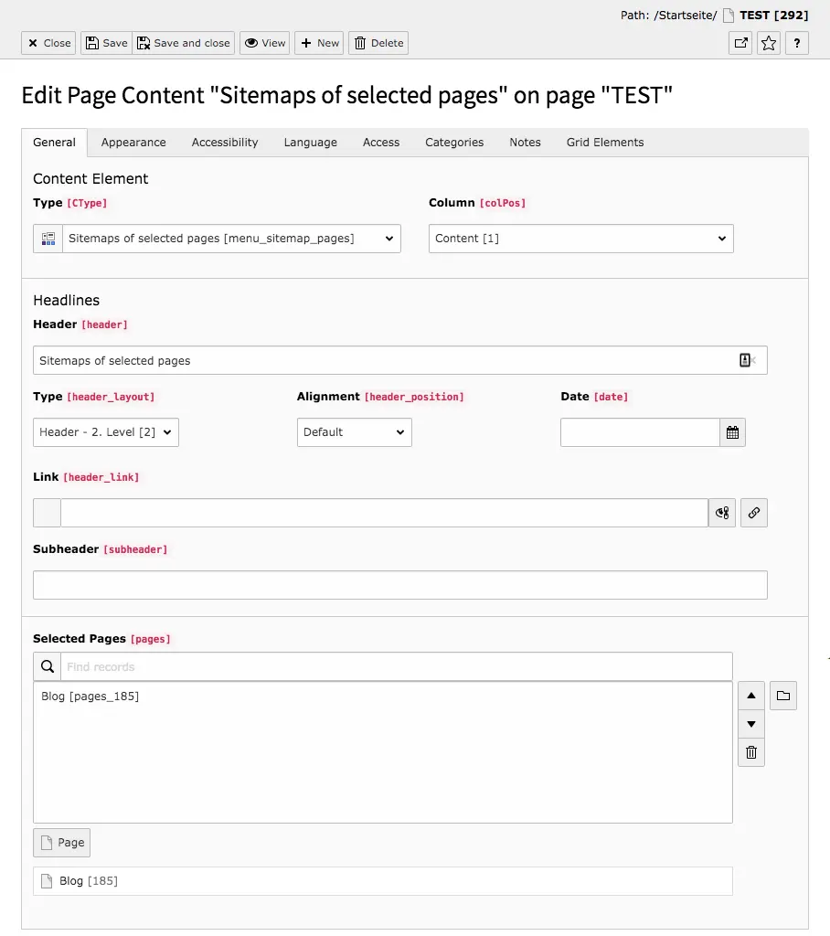 TYPO3 Content Element Menu Sitemaps of selected Pages Backend Tab General