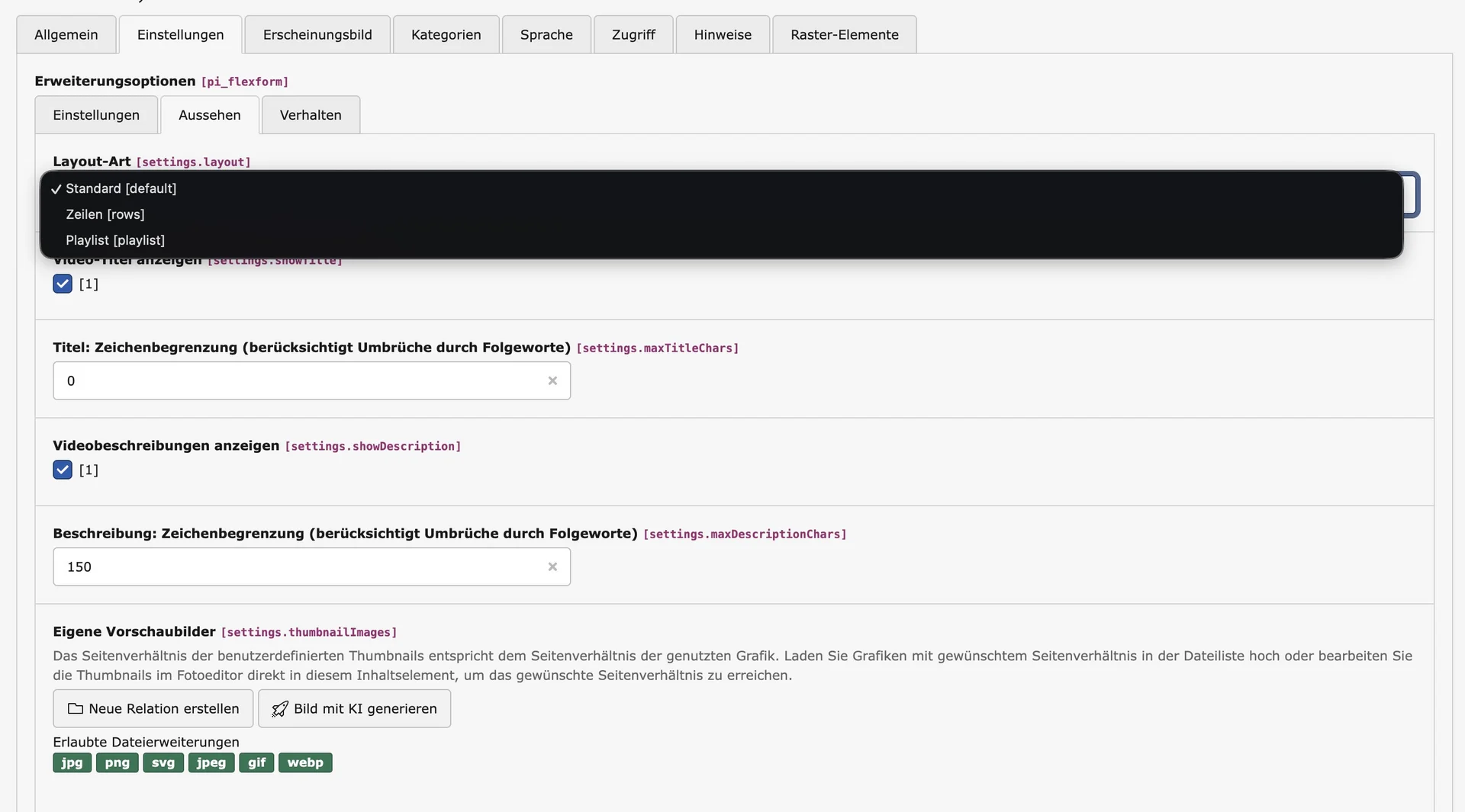 TYPO3 Video Extension: Configuration Options for YouTube, Vimeo, and Local Videos