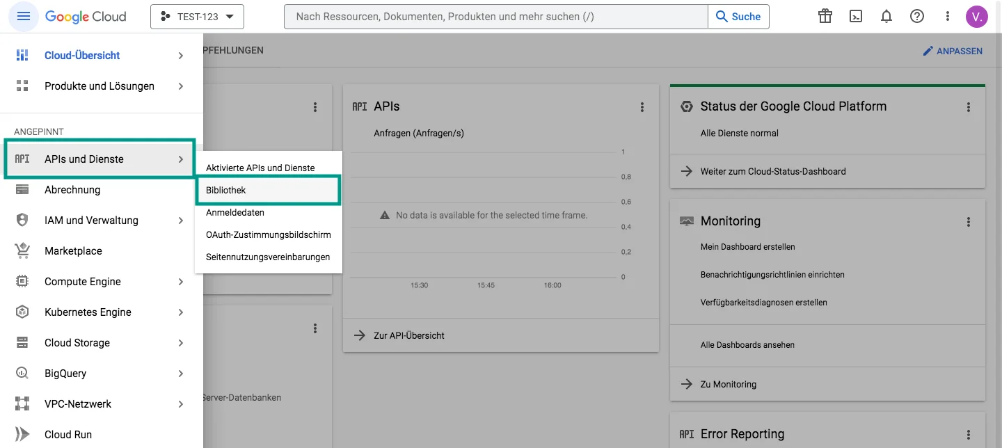 Google Cloud Console – APIs und Dienste > Bibliothek