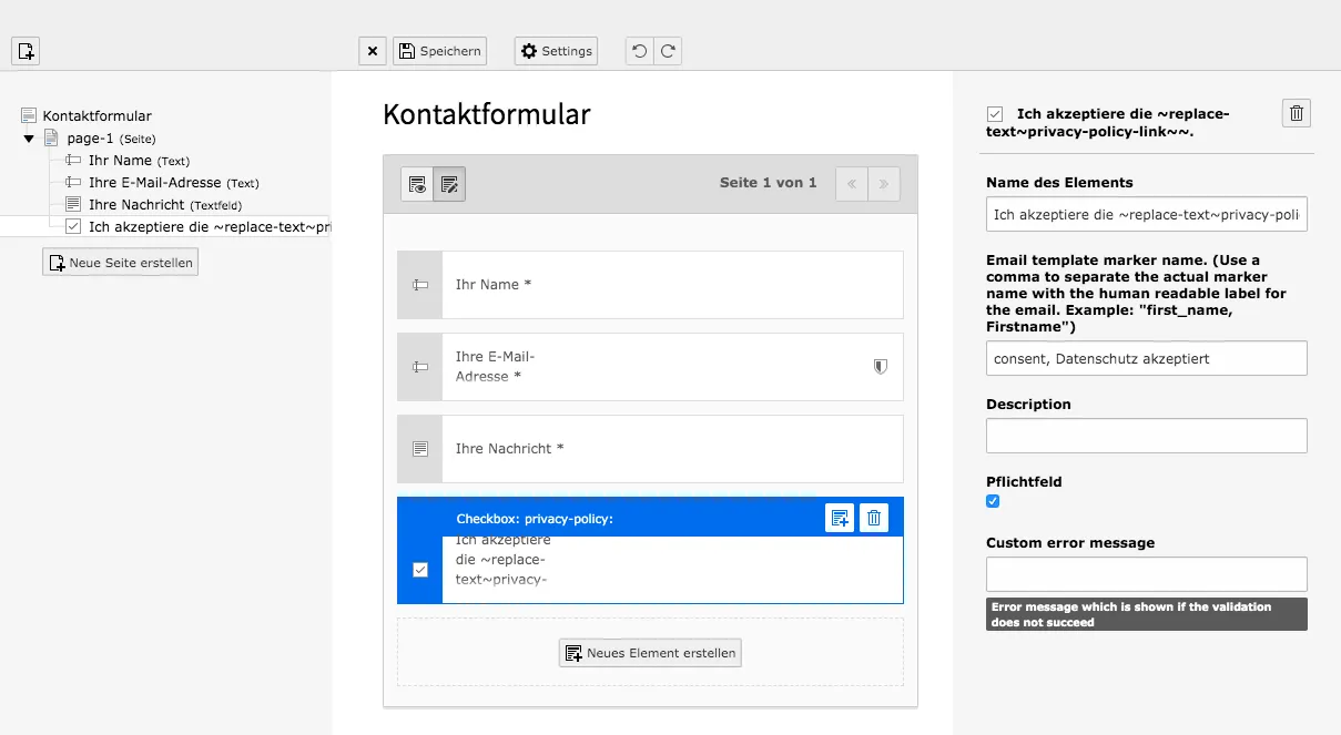 TYPO3 Modul Formulare Element Datenschutzhinweis