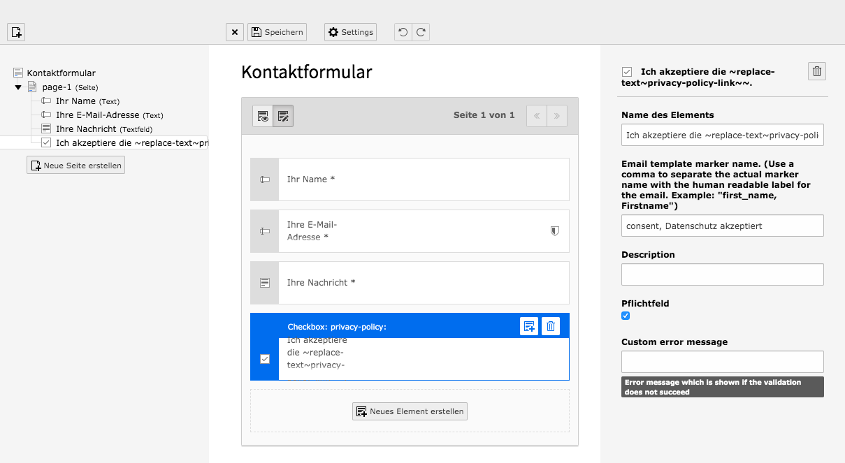 TYPO3 Modul Formulare Element Datenschutzhinweis