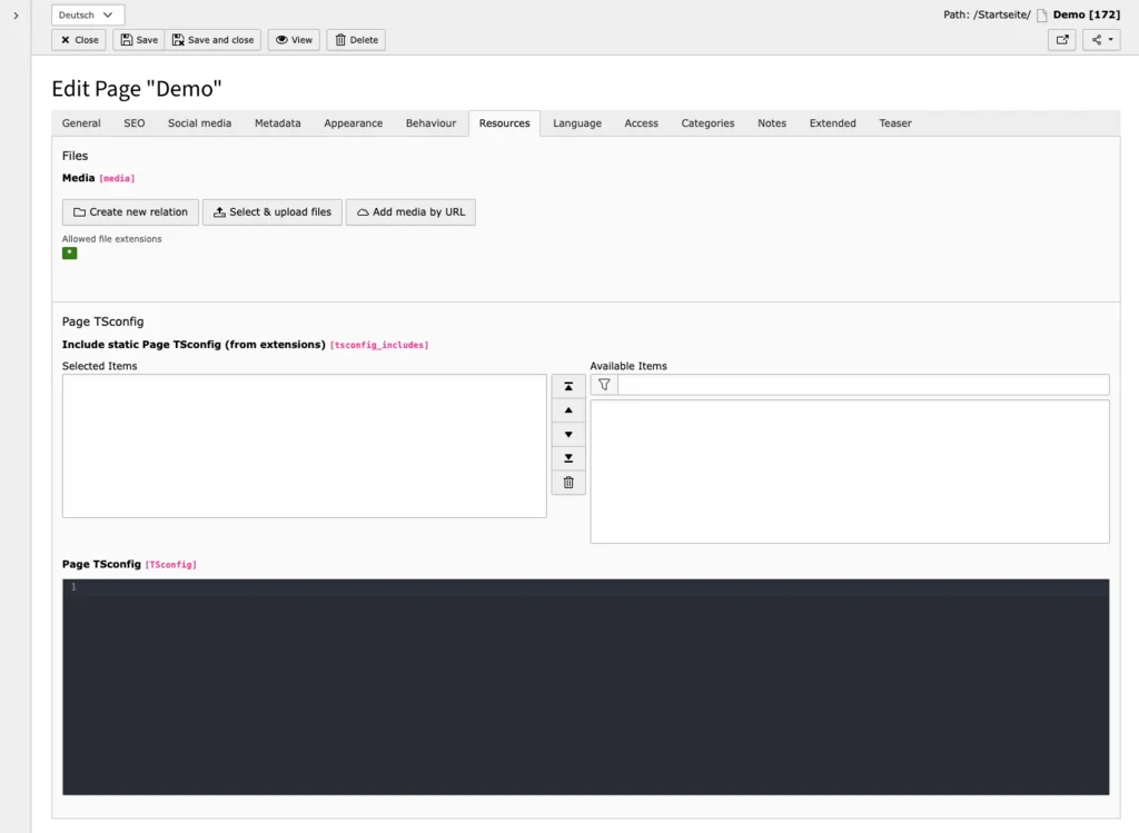 TYPO3 Page Properties Tab Ressources