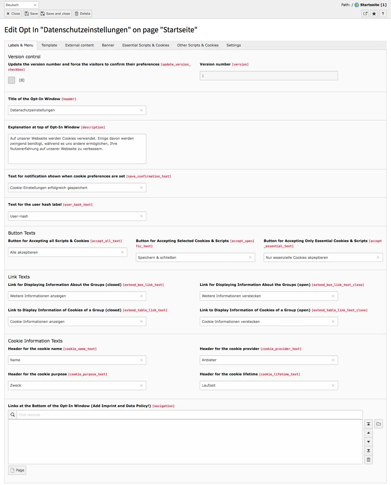 TYPO3 Cookie Consent Backend Tab Labels & Menu