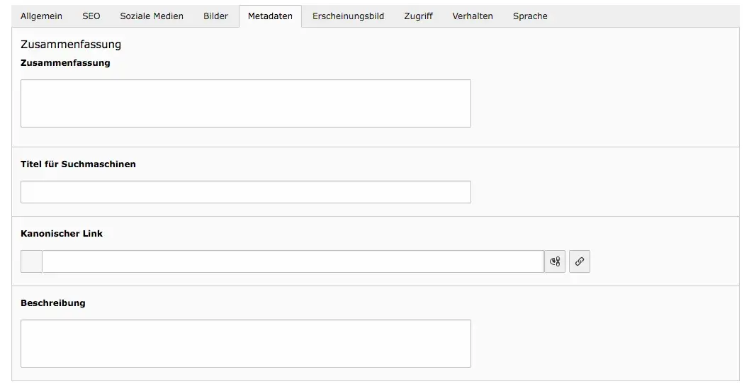 TYPO3 Seiteneigenschaften Kategorie Seite Reiter Metadaten