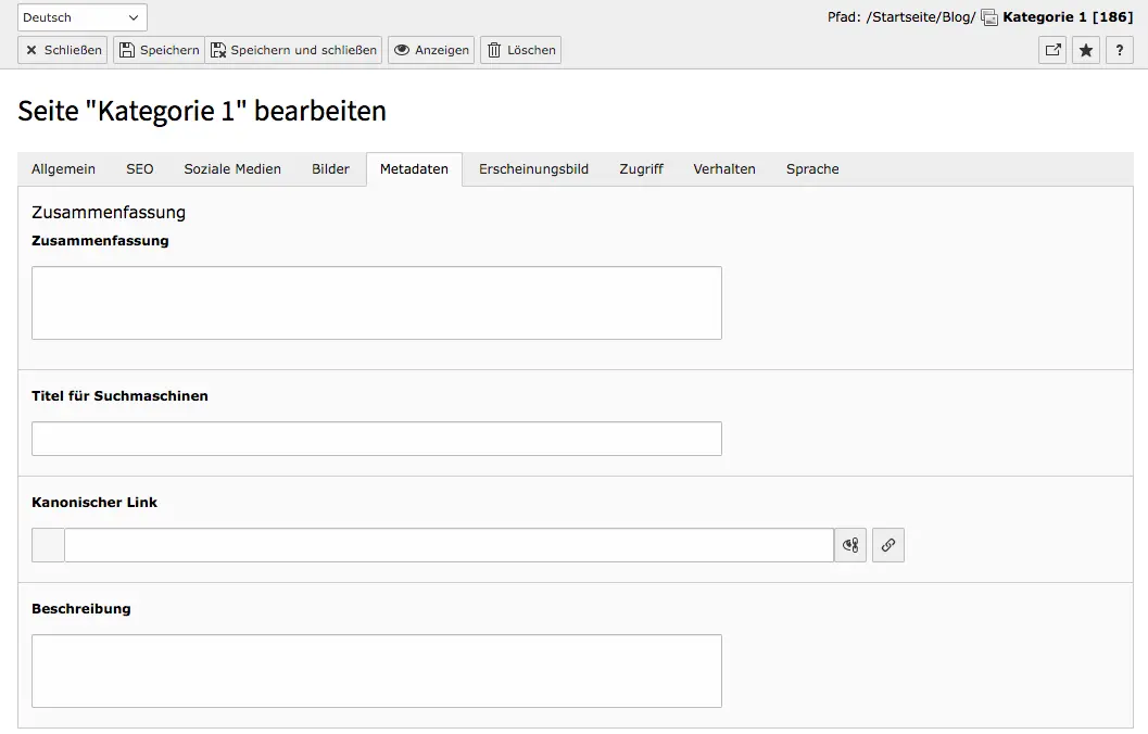 TYPO3 Seiteneigenschaften Kategorie Seite Reiter Metadaten