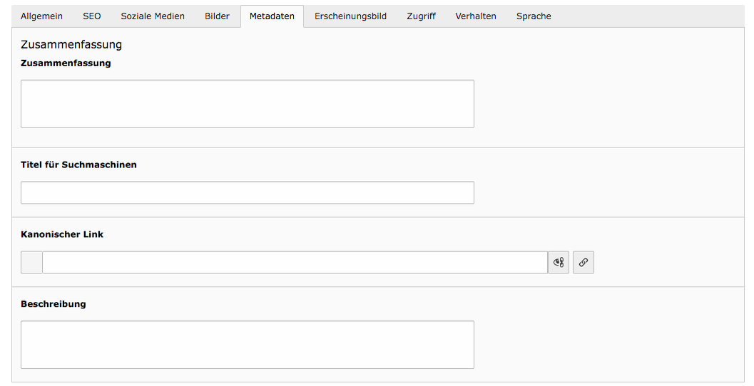 TYPO3 Seiteneigenschaften Kategorie Seite Reiter Metadaten