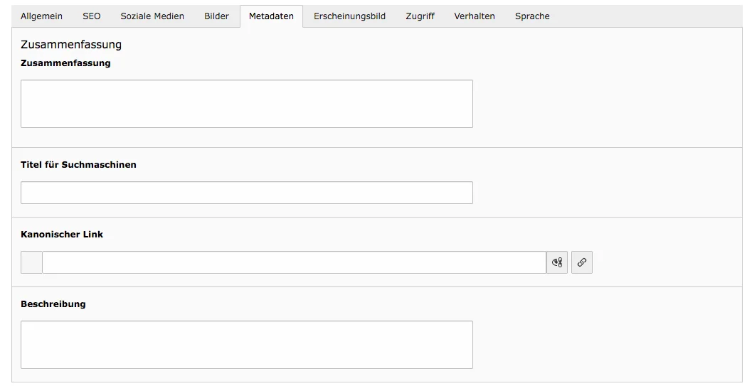 TYPO3 Seiteneigenschaften Kategorie Seite Reiter Metadaten