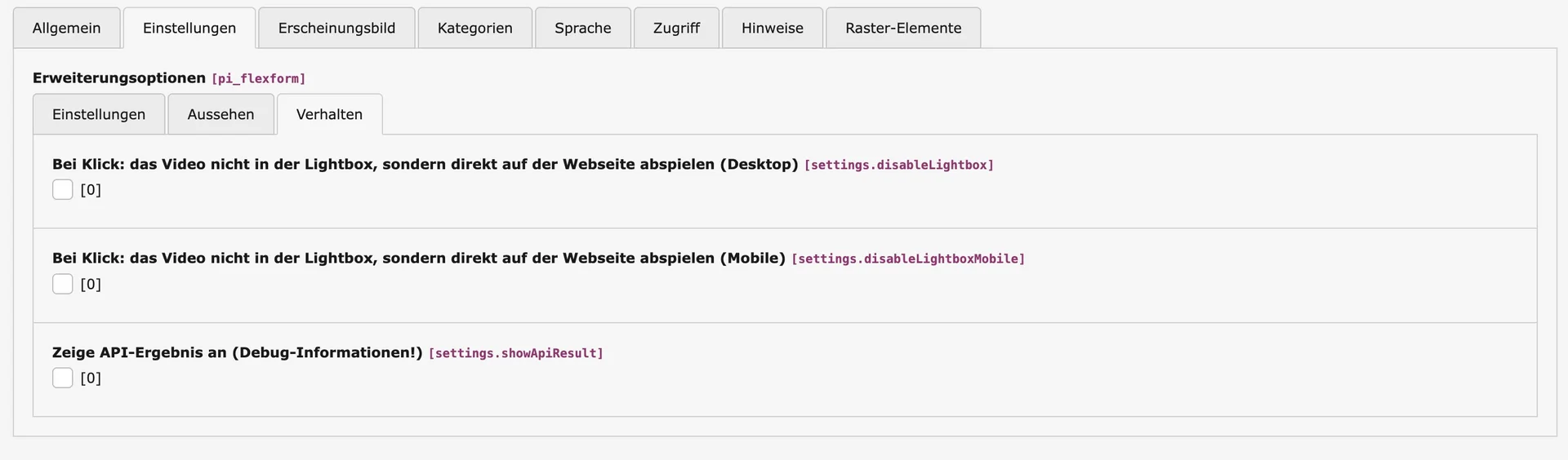 TYPO3 Video-Inhaltselement Backend Reiter Verhalten