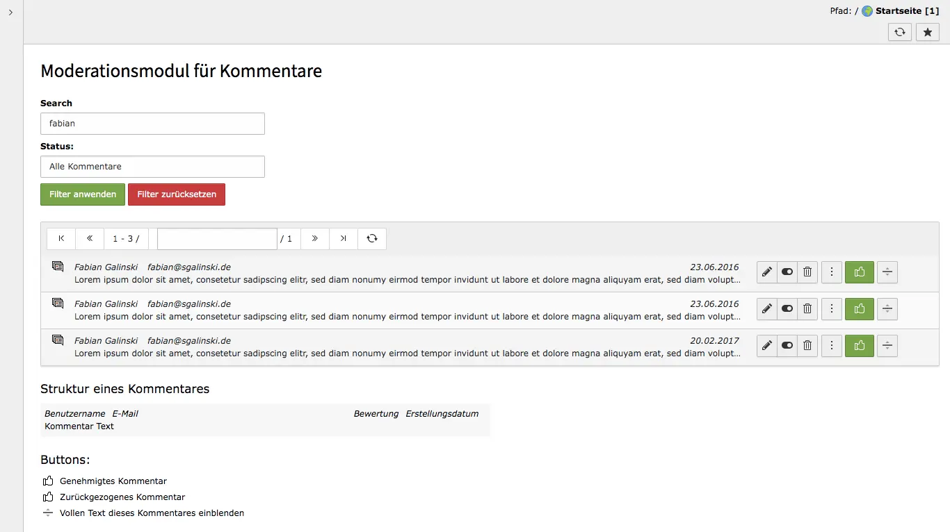 TYPO3 Modul Kommentare mit Suchbegriff