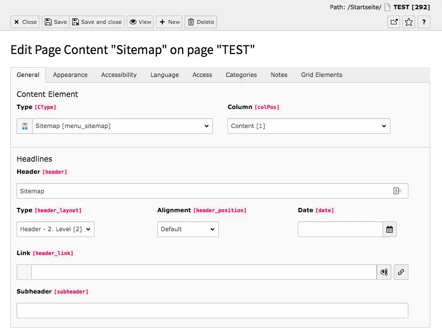 TYPO3 Content Element Menu Sitemap Backend Tab General