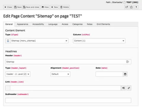 TYPO3 Content Element Menu Sitemap Backend Tab General