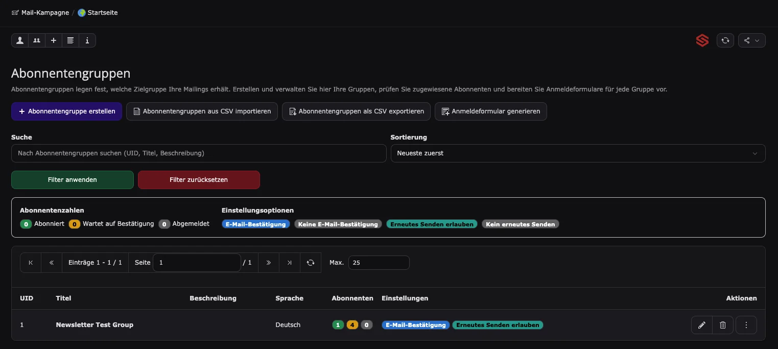 Screenshot der Abonnentengruppen-Verwaltung mit Tabelle, Filtern und Testgruppe in einem Mail-Tool.