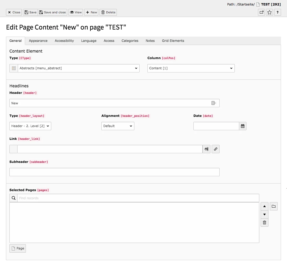 TYPO3 Content Element Menu Abstracts Backend Tab General