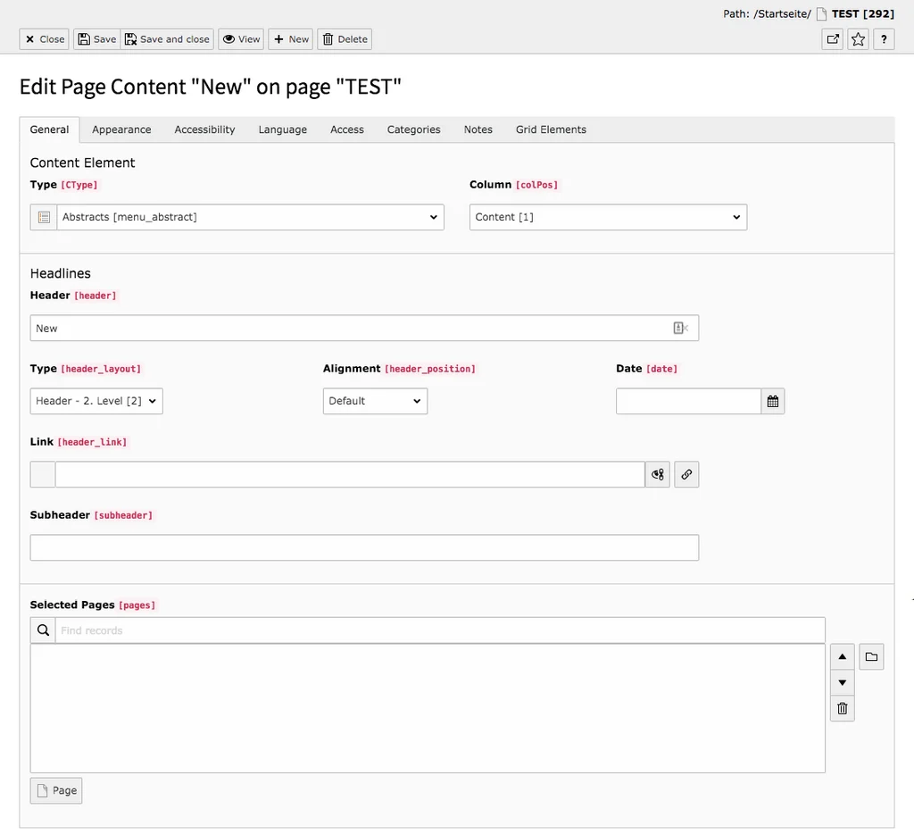 TYPO3 Content Element Menu Abstracts Backend Tab General
