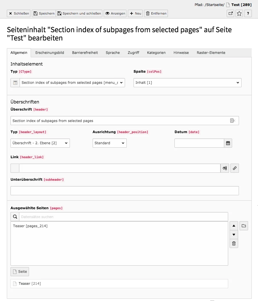 TYPO3 Section index of subpages from selected pages Reiter Allgemein