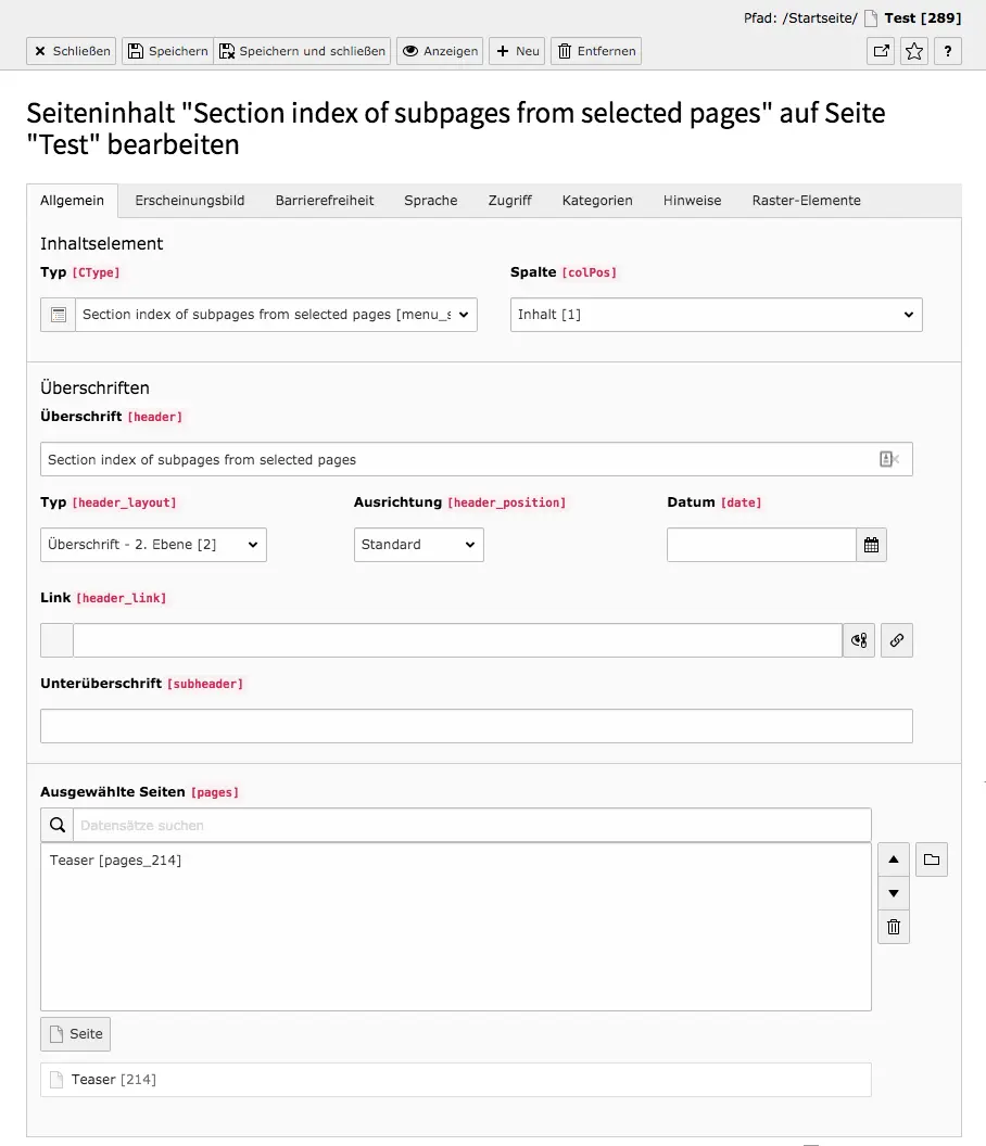 TYPO3 Section index of subpages from selected pages Reiter Allgemein