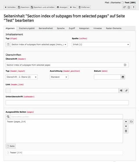 TYPO3 Section index of subpages from selected pages Reiter Allgemein
