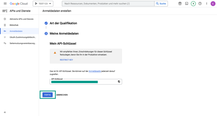 Google Cloud Console – API-Schlüssel