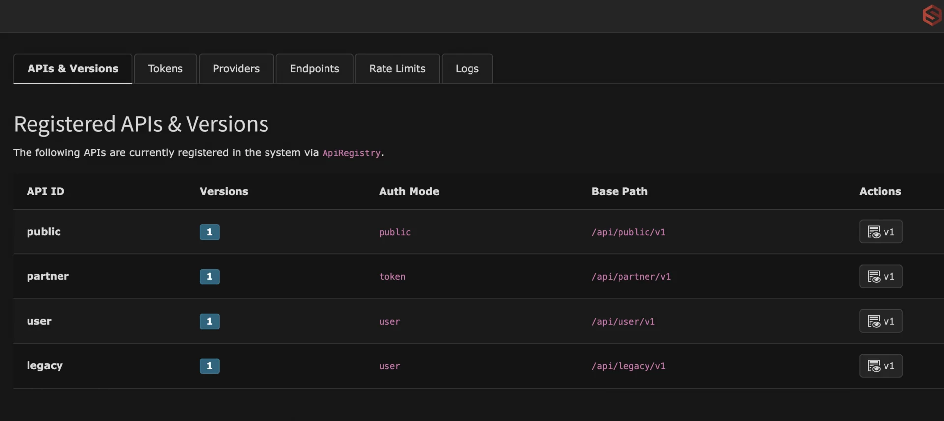 Dashboard showing table of registered APIs (public, partner, user, legacy) with versions, auth modes, and base paths.