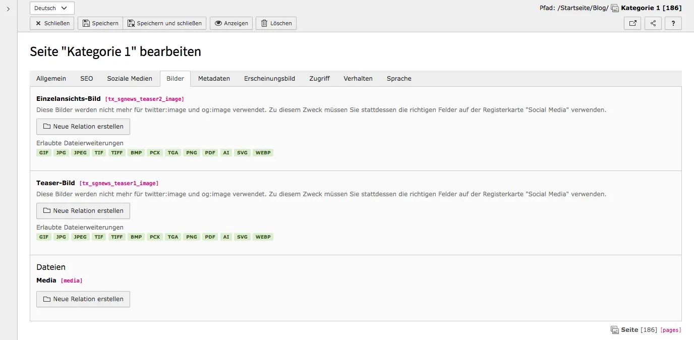 TYPO3 Seiteneigenschaften Kategorie Seiten Reiter Bilder
