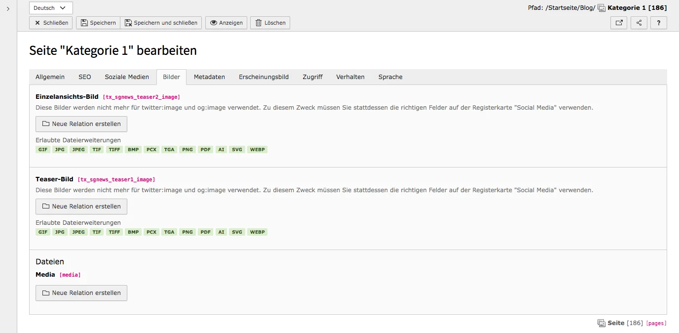 TYPO3 Seiteneigenschaften Kategorie Seiten Reiter Bilder