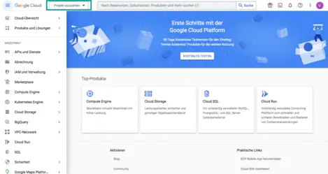 Google Cloud Console – Projekt auswählen