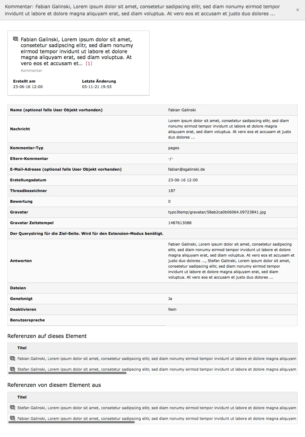 TYPO3 Modul Kommentare Lightbox mit Kommentar-Informationen