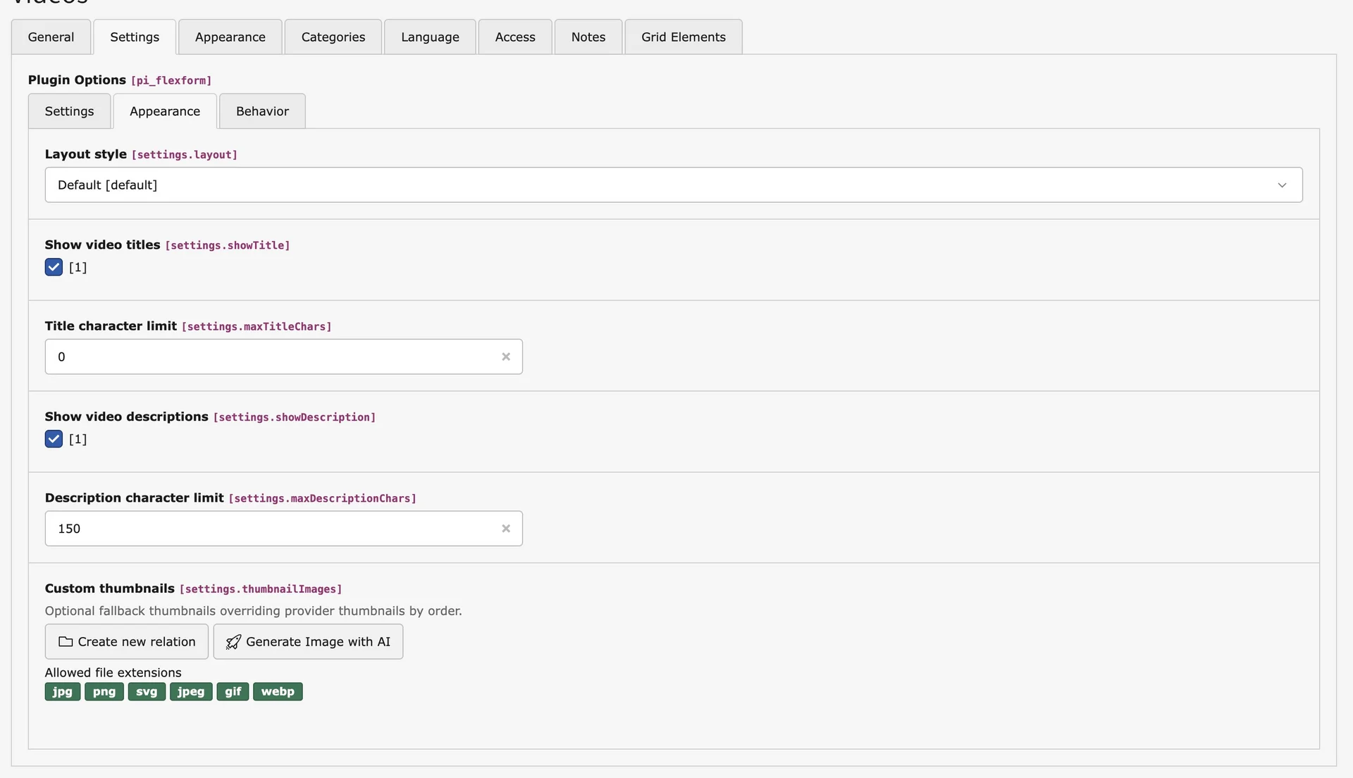 TYPO3 Video Content Element Backend Appearance Tab