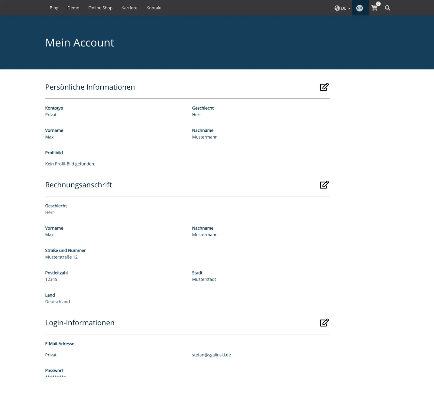 TYPO3 Inhaltselement Accountansicht Frontend