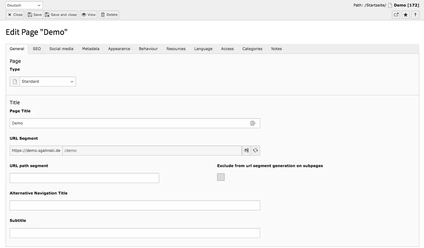 TYPO3 Page Properties Standard Page Tab General