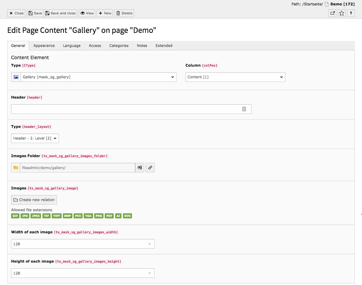 TYPO3 Content Element Mask Element Gallery Backend Tab General