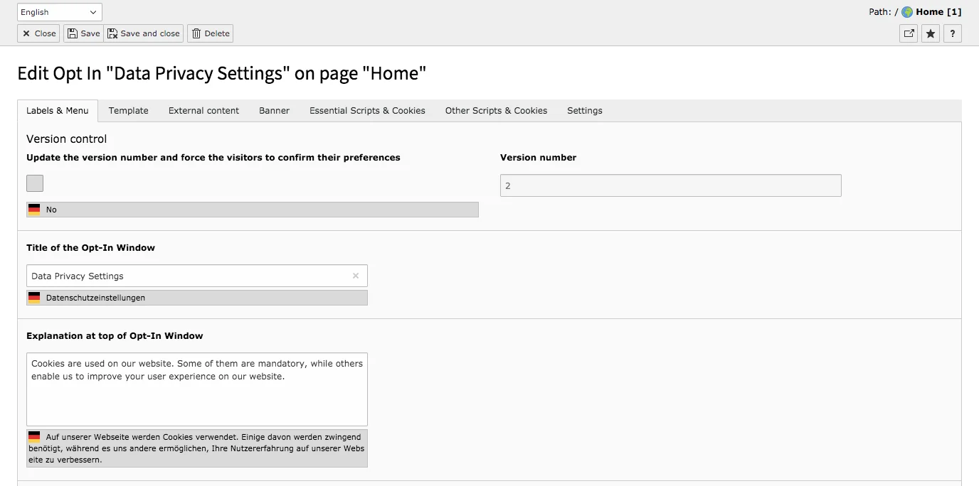 Cookie Consent TYPO3 Backend Translate