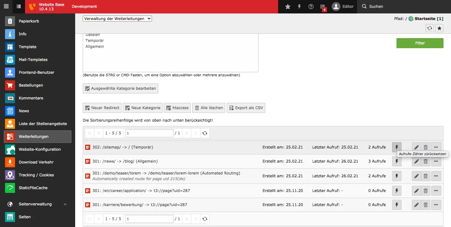 TYPO3 Backend Modul Weiterleitungen Aufrufe Zähler