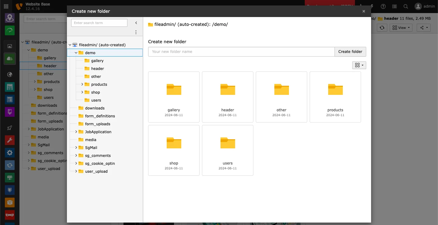 TYPO3 file list: Create folder
