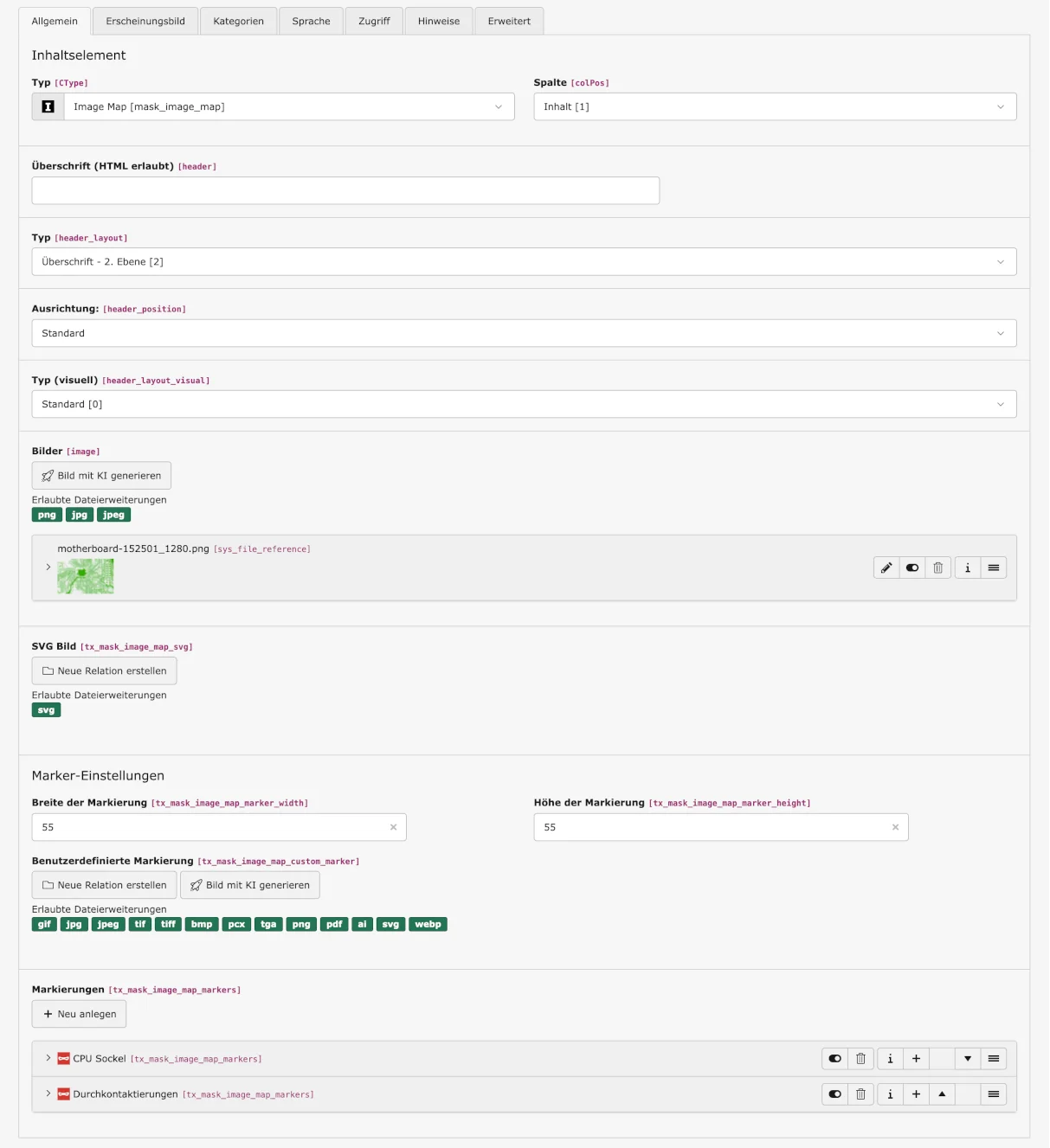 TYPO3 settings for the mask element 'Image Maps'