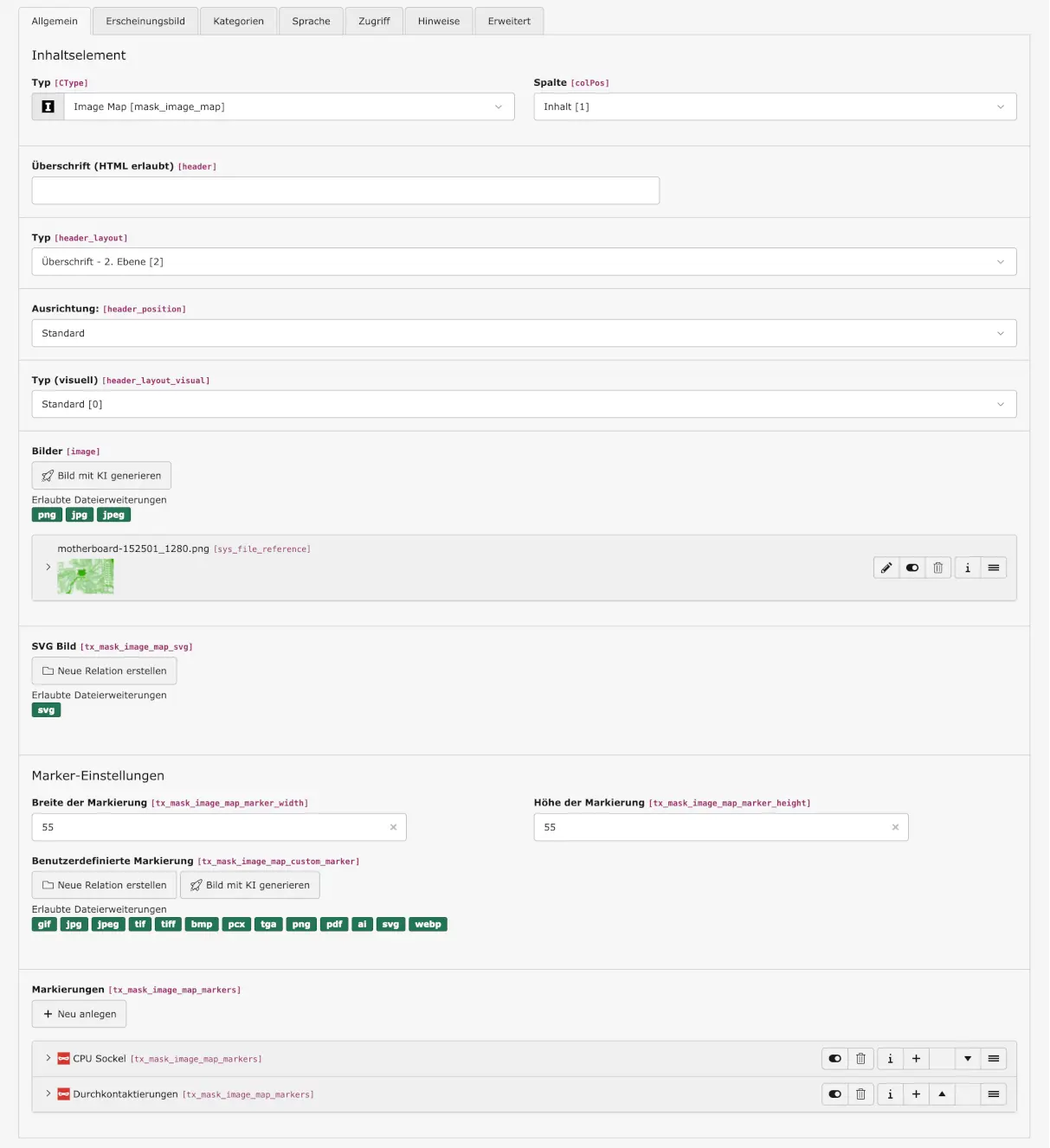 TYPO3 settings for the mask element 'Image Maps'