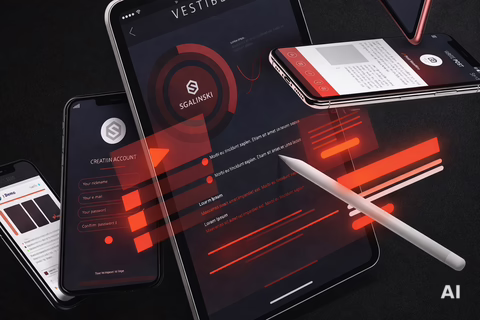 Smartphones und Tablet mit App-UI in Rot-Schwarz und Stylus auf dunklem Hintergrund.