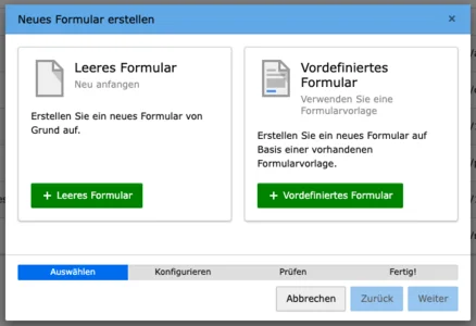TYPO3 Modul Formulare Neues Formular erstellen Optionen