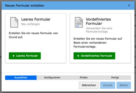 TYPO3 Modul Formulare Neues Formular erstellen Optionen
