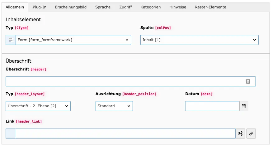 TYPO3 Inhaltselement Formular Reiter Allgemein