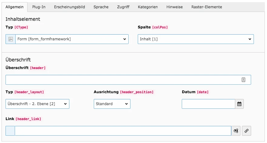 TYPO3 Inhaltselement Formular Reiter Allgemein