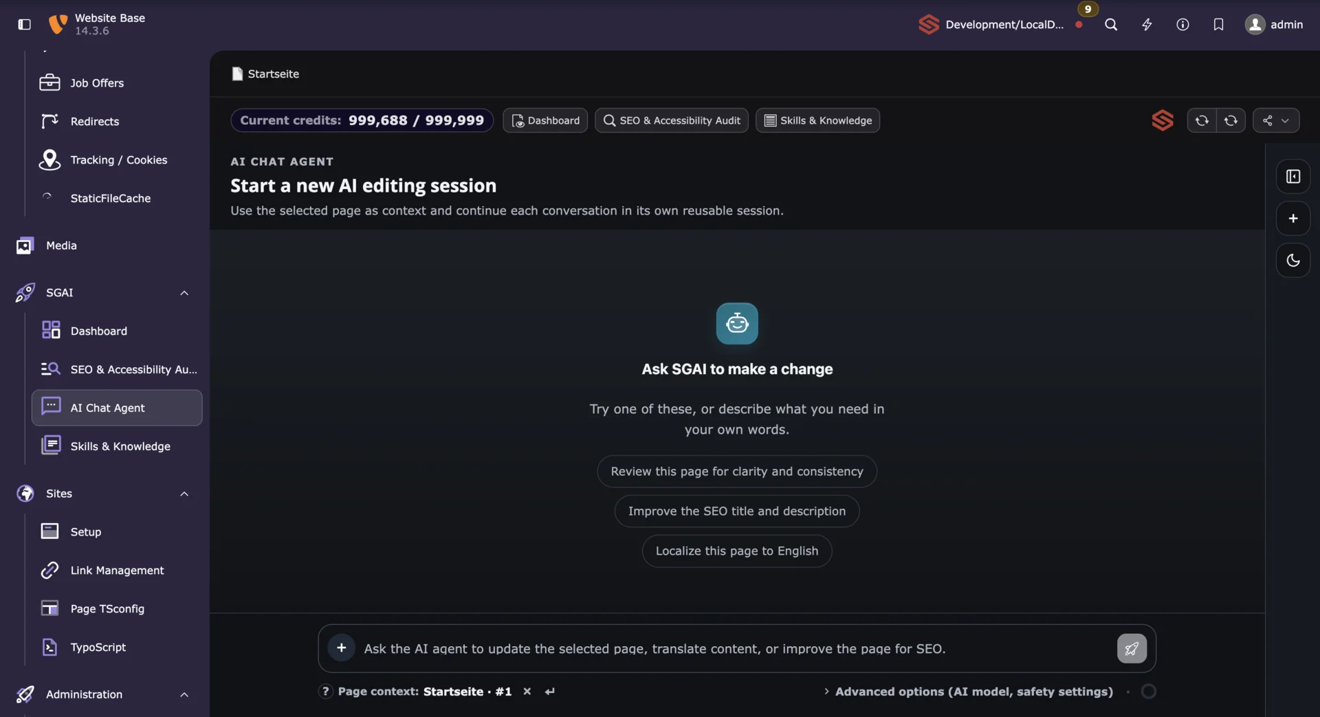 SG AI Chat Agent for AI-assisted page editing in dark mode.