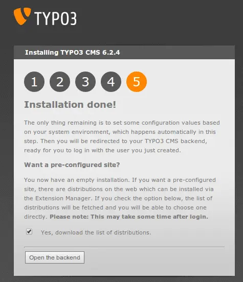 TYPO3 installation finished