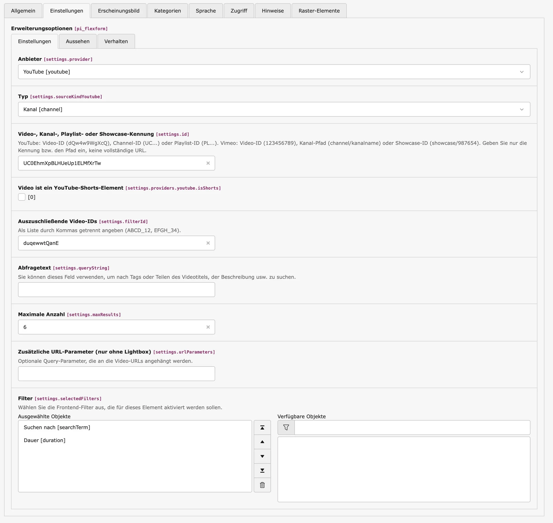 TYPO3 Video-Inhaltselement Backend Reiter Einstellungen (YouTube)
