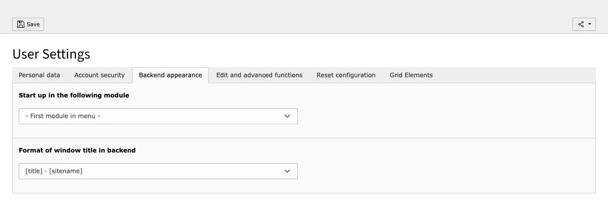 TYPO3 User Settings Tab Backend appearance (Startup)
