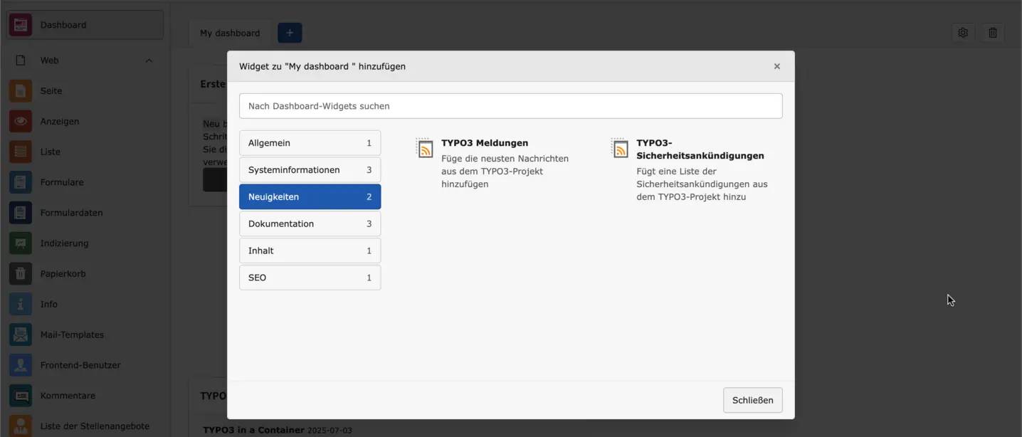 TYPO3 Backend Modul Dashboard Widget Tab Neuigkeiten