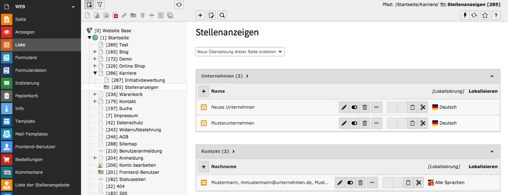 TYPO3 Modul Liste Unternehmen Kontakt
