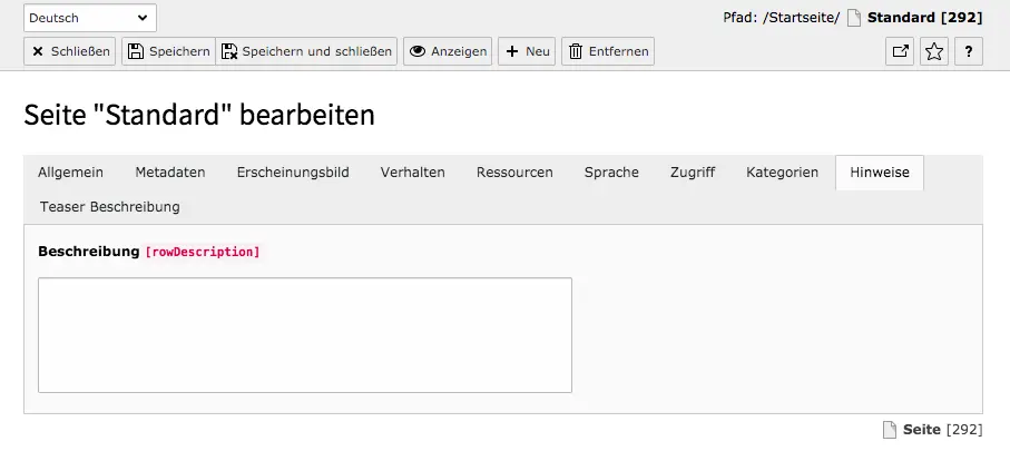 TYPO3 Seiteneigenschaften Tab Hinweise