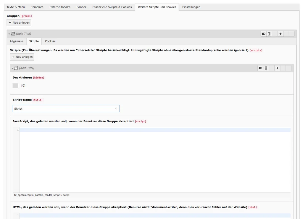 Cookie Consent TYPO3 Tab Weitere Skript- und Cookiegruppen Skripte